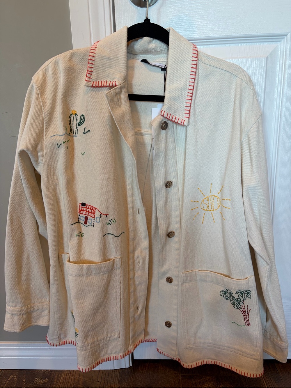 Zara Cream Embroidered Button-Front Jacket